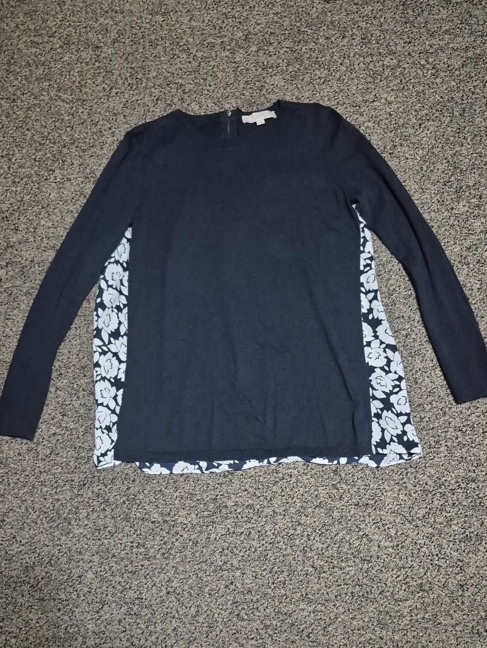 LOFT Navy Long Sleeve Top with White Floral Side And Back